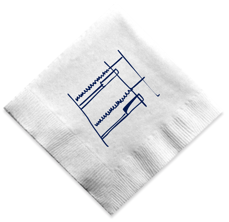 A cocktail napkin with Joe Hidler's original blue-ink sketch of the ZeroG mechanism